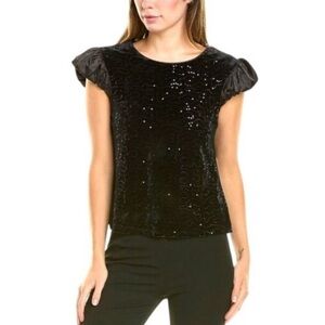 NWT Nanette Lepore Large Formal Evening Top Velvet Satin Sequined Bow Cap Sleeve